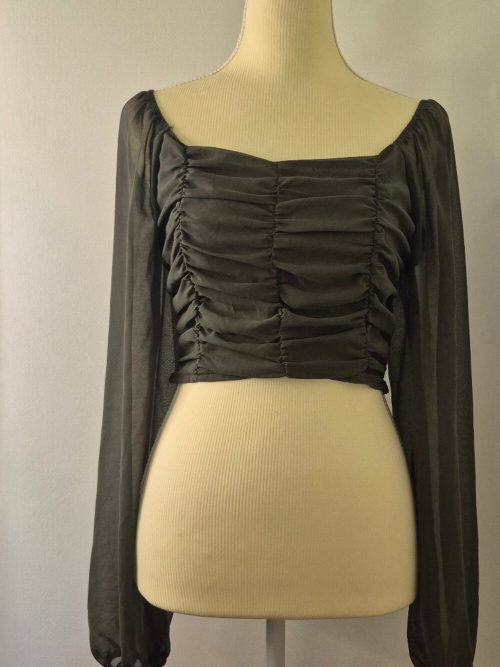 Altar'd State M Olive Ruched Crop Top Blouse Smocked Earthy Whimsigoth Fairycore